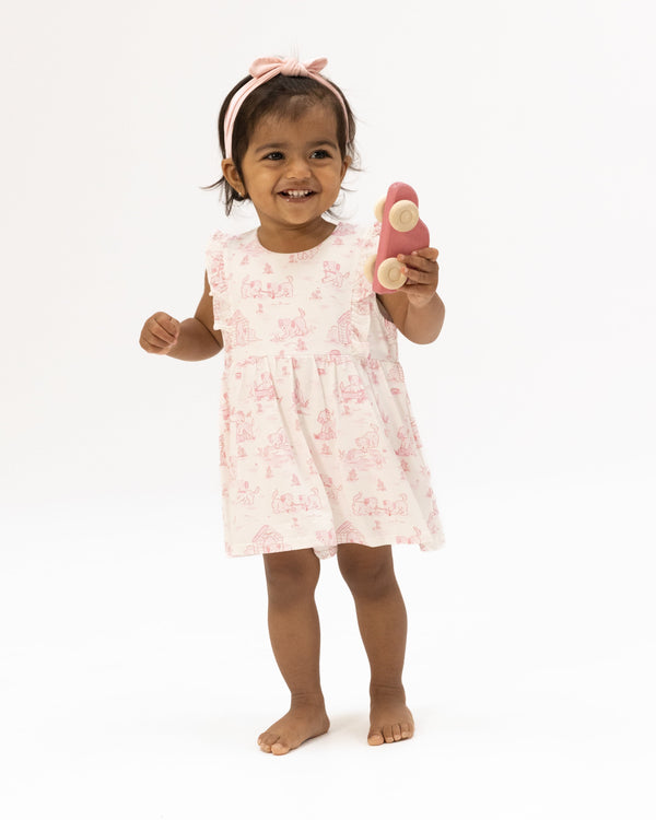 Puppy Toile Pink Ruffle Bodysuit Dress