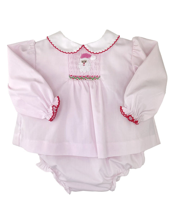 Santa Face Smocked Diaper Set- Pink