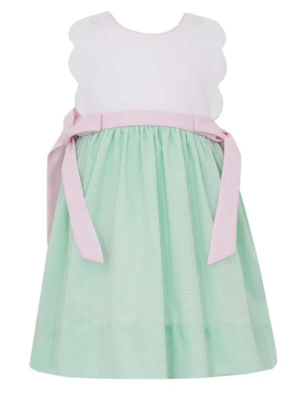 Scalloped Sundress W/Side Bows- Pink/Green Gingham