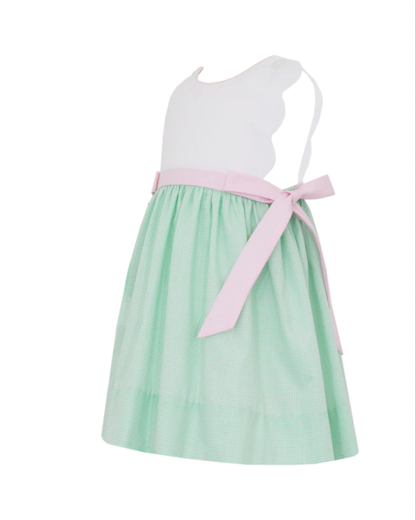Scalloped Sundress W/Side Bows- Pink/Green Gingham
