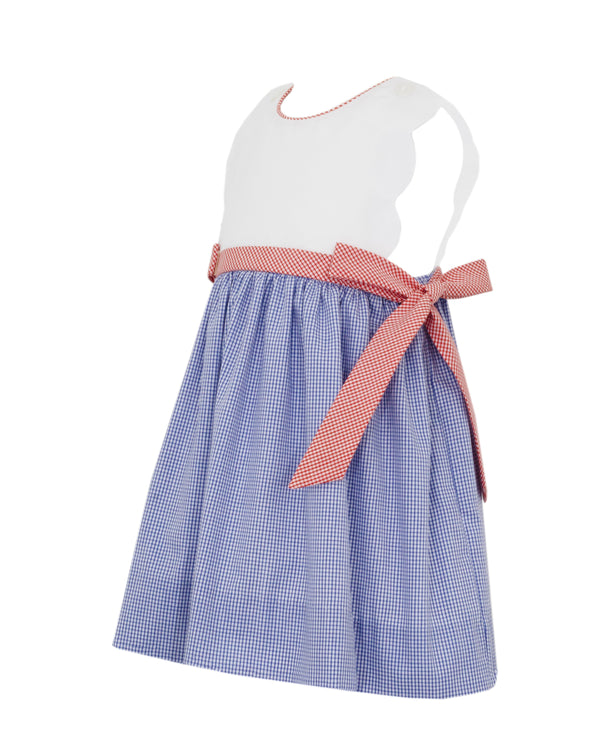 Scalloped Sundress W/ Side Bows- Royal Blue Check