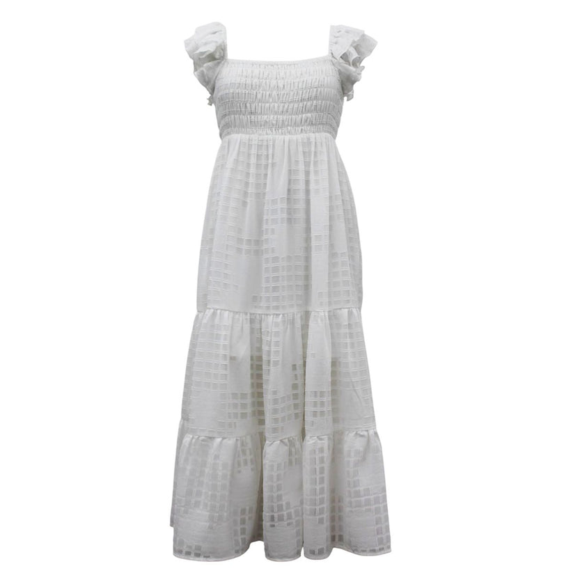 Windowpane Smocked Maxi Dress- White 16