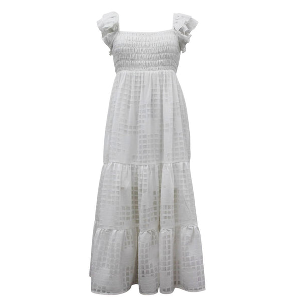 Windowpane Smocked Maxi Dress- White