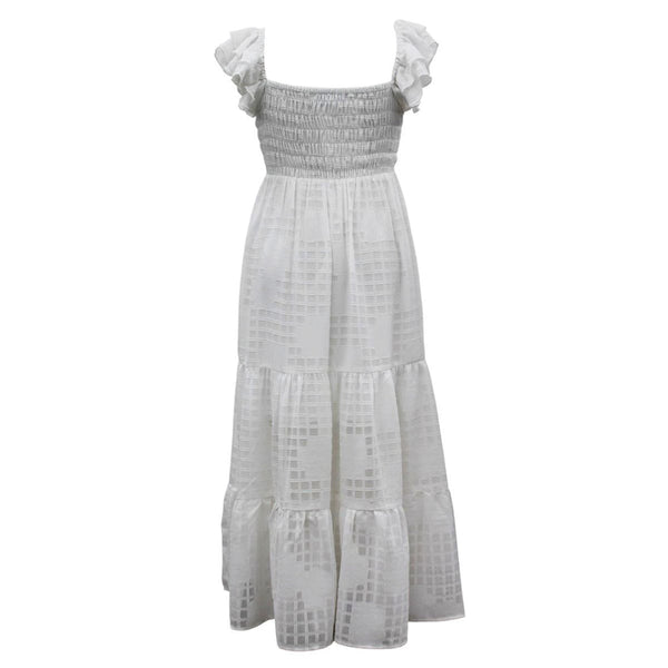 Windowpane Smocked Maxi Dress- White