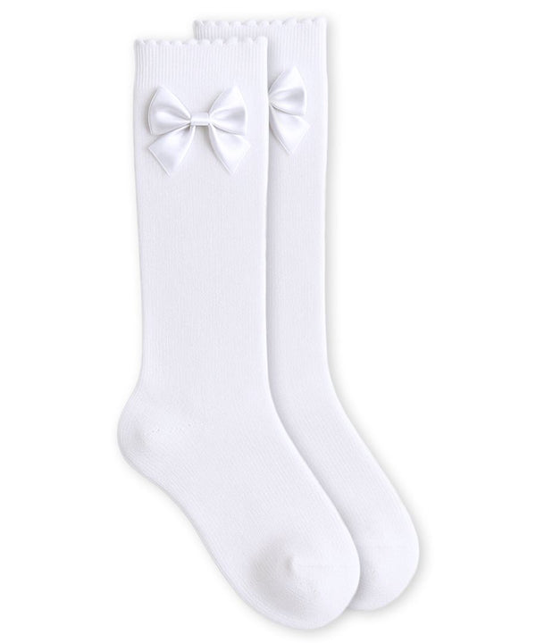 Satin Bow Scalloped Top Cotton Knee High Socks 1 Pair- White