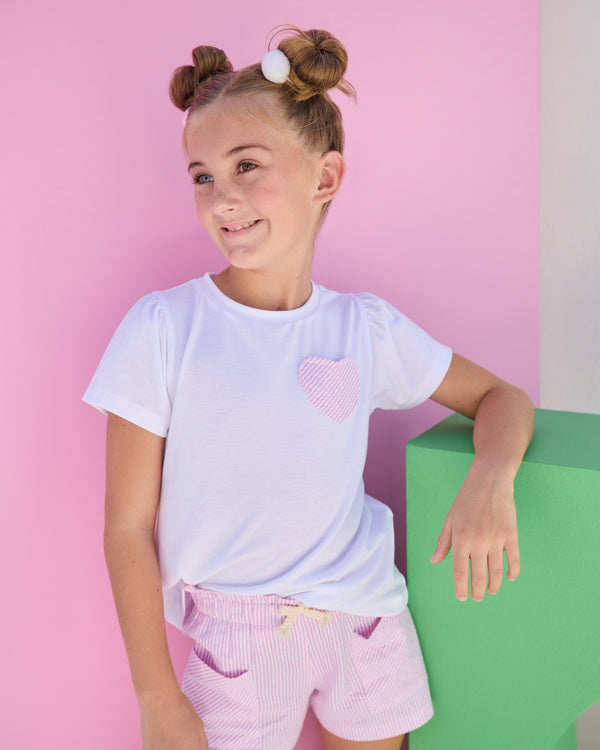 Essential Tee- Pink Seersucker Heart