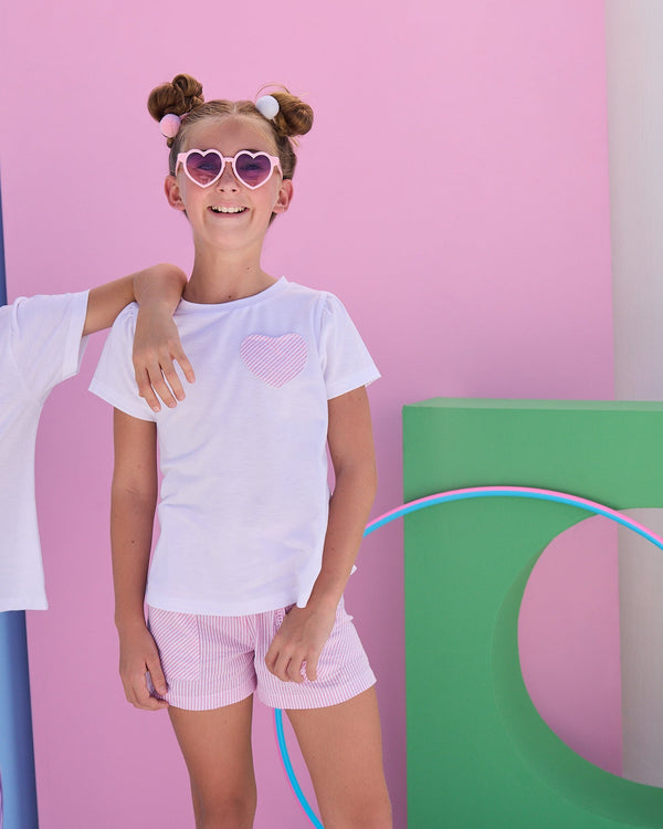 Essential Tee- Pink Seersucker Heart