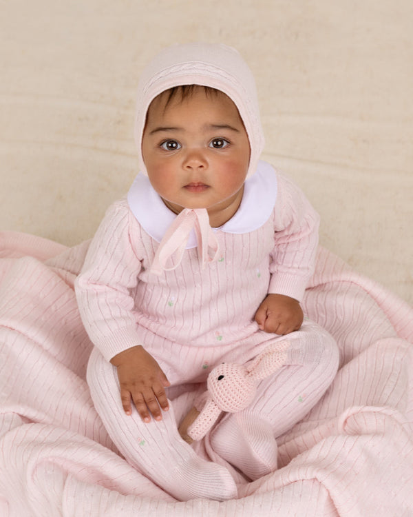 Peter Pan Cable Knit Romper W/ Bonnet- Pink