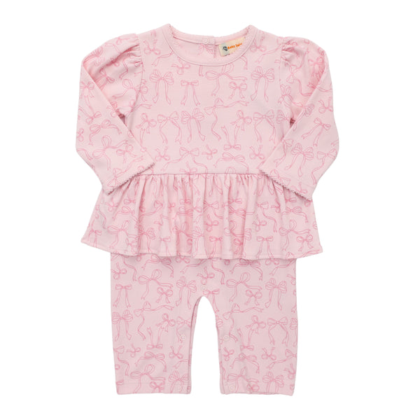 Bow Print Skirted Ruffle Romper