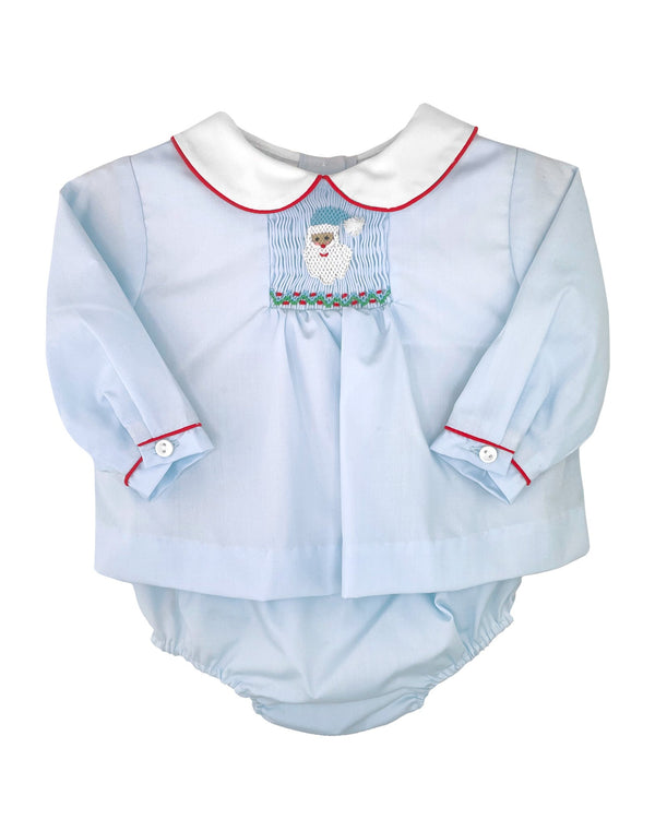 Santa Face Smocked Diaper Set- Blue
