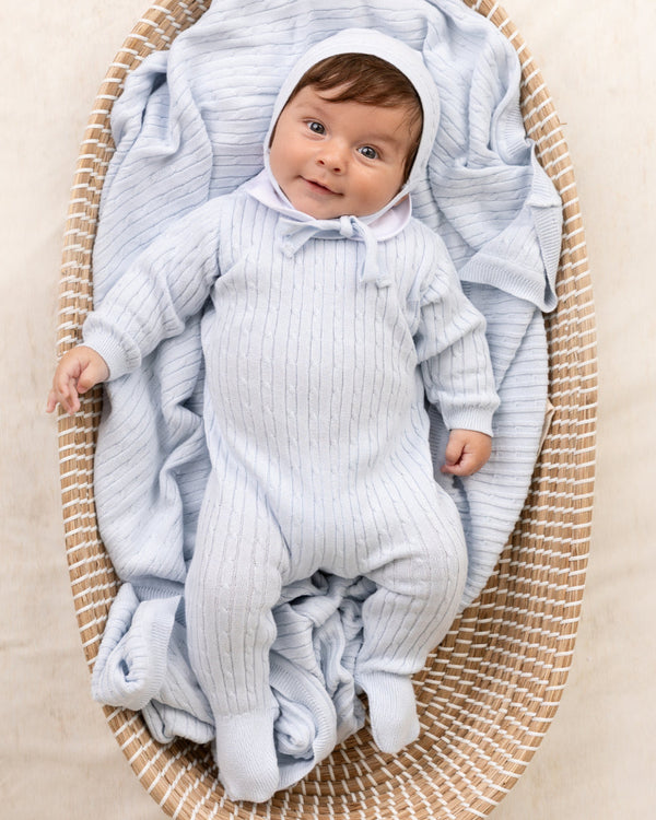 Peter Pan Cable Knit Romper W/ Bonnet- Blue