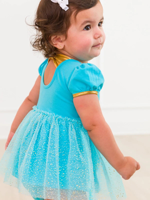 Princess Bow Twirl Romper- Teal Golden Princess