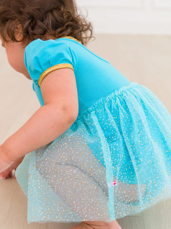 Princess Bow Twirl Romper- Teal Golden Princess