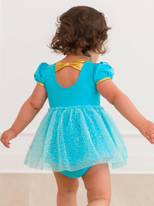Princess Bow Twirl Romper- Teal Golden Princess