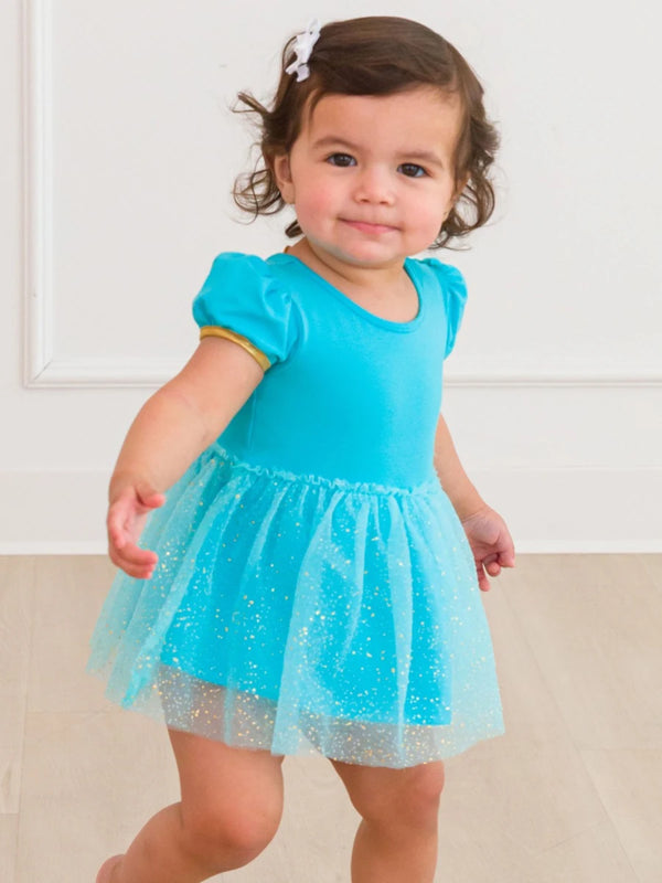 Princess Bow Twirl Romper- Teal Golden Princess