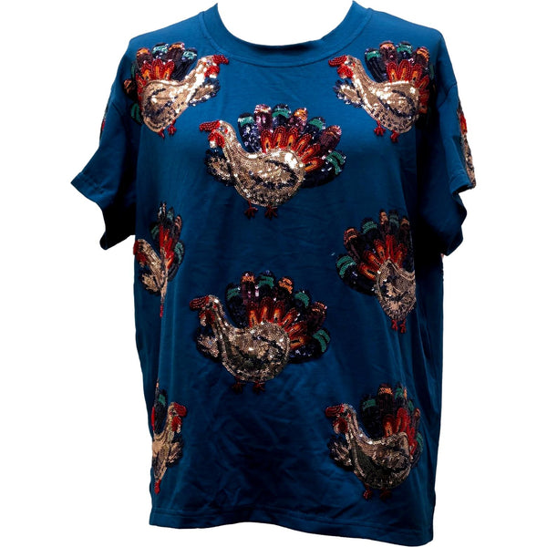 Dark Blue Beaded Turkey All Over Tee- Women's