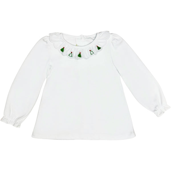 Christmas Tree Scalloped Knit Blouse- White