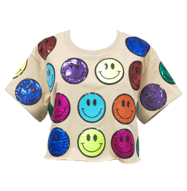 Tan & Rainbow Scattered Smiley Face Top