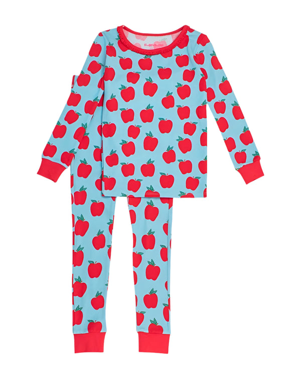 Ruffle Long Sleeve Pajama Set- Blue Apple Of My Eye