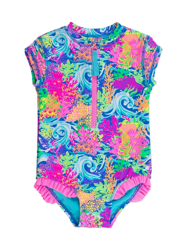 Rash Guard One Piece Swimsuit- Neon Ocean Coral