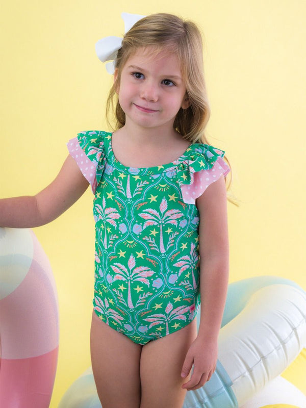 Bow V-Back One Piece Swimsuit- Coconut Cabana