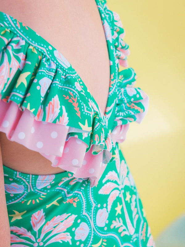 Bow V-Back One Piece Swimsuit- Coconut Cabana