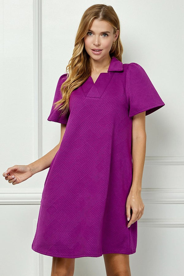 Collared Textured Dress- Magenta