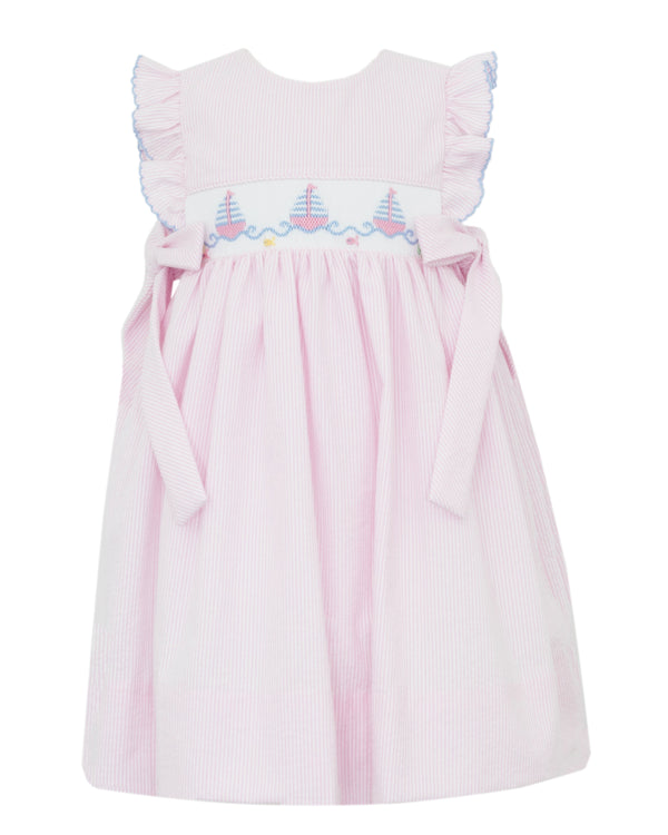 Sailboats Sleeveless Dress- Pink Seersucker Stripe