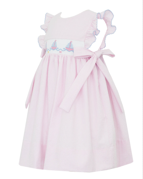 Sailboats Sleeveless Dress- Pink Seersucker Stripe