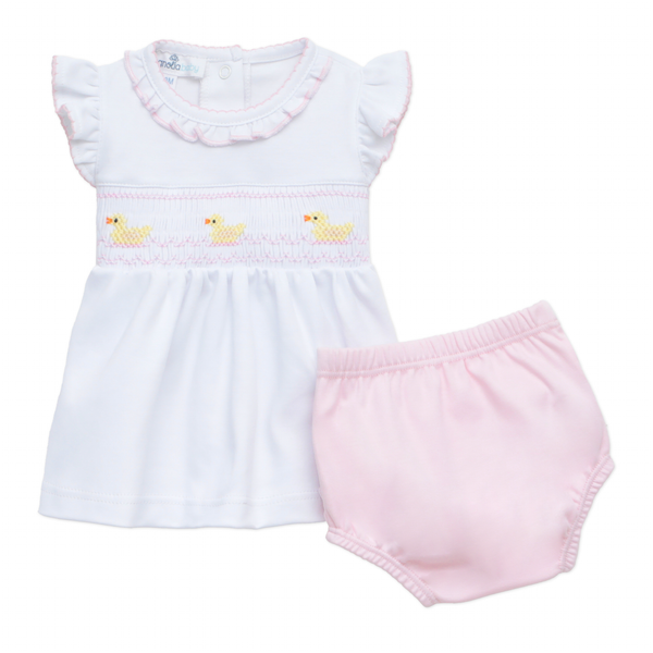 Little Ducklings Smocked Ruffle Diaper Set- Pink