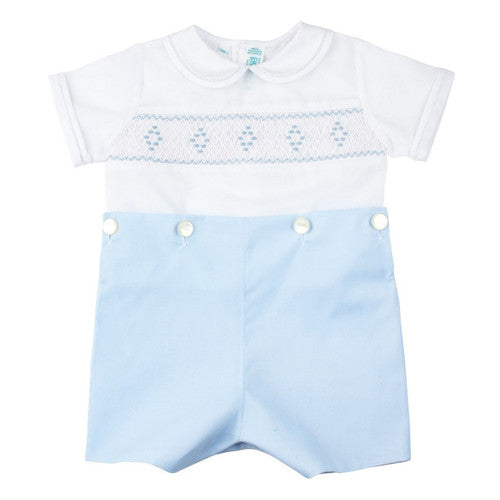 Smocked Diamond Bobby Suit- White/Blue