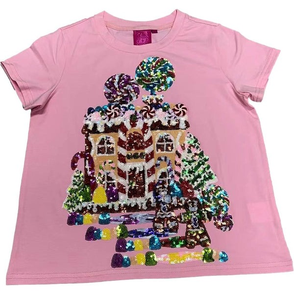 Light Pink Gingerbread House Scene Tee