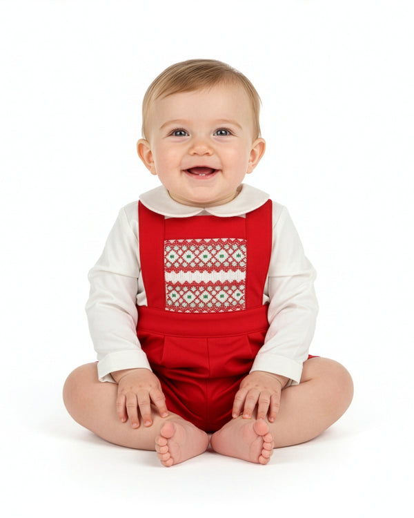 Suspenders Smock Set- Red
