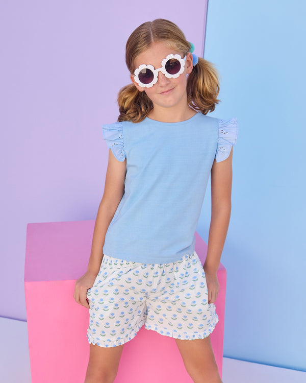 Shirred Ruffle Shorts- Blue Tulip Print