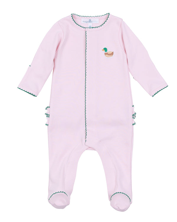 Mini Mallard Embroidered Ruffle Footie - Pink