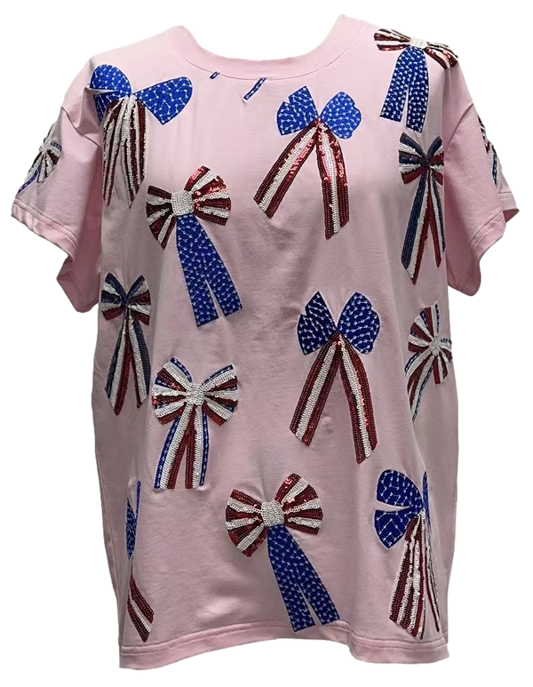 Light Pink, Red, White, & Blue Scattered Bow Tee