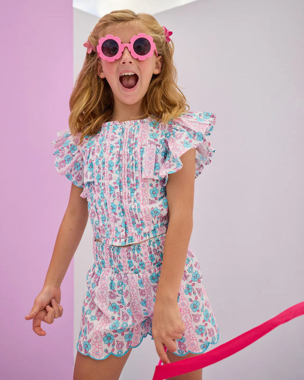 Shirred Scallop Shorts- Marguerite Floral Pink