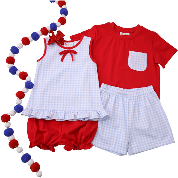 Blue Gingham/Red Pocket Short Set
