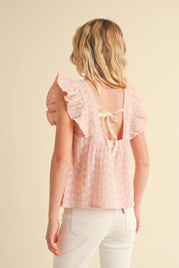 Eyelet Ruffle Top W/ Lace Tie Back