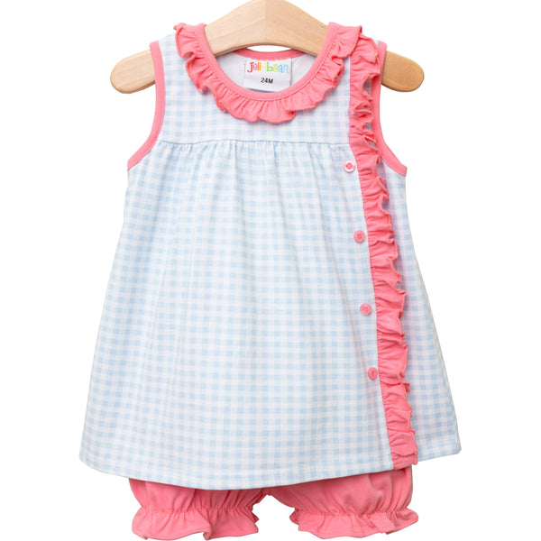 Clara Sleeveless Bloomer Set- Blue Gingham And Pink