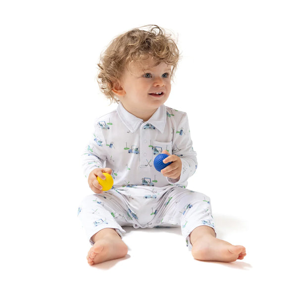 Baby Golf Carts Polo Romper- Blue/White
