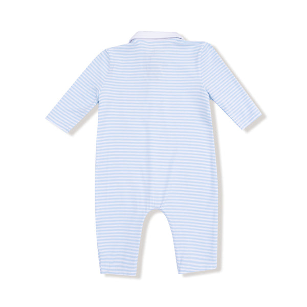 Baby Golf Carts L/S Polo Romper- Blue/White Stripe