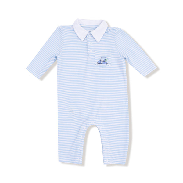 Baby Golf Carts L/S Polo Romper- Blue/White Stripe