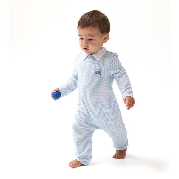 Baby Golf Carts L/S Polo Romper- Blue/White Stripe