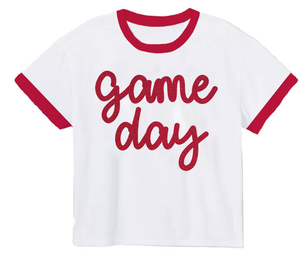 Tinsel Game Day Ringer Boxy T- Crimson