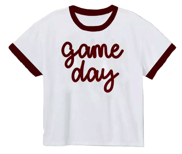 Tinsel Game Day Ringer Boxy T- Maroon