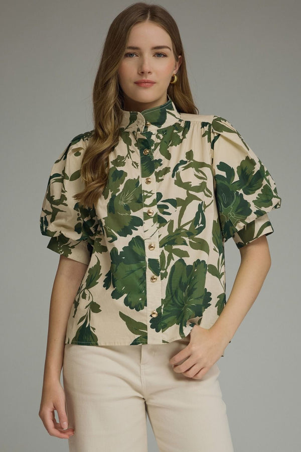 Printed Puff Sleeve Top- Olive