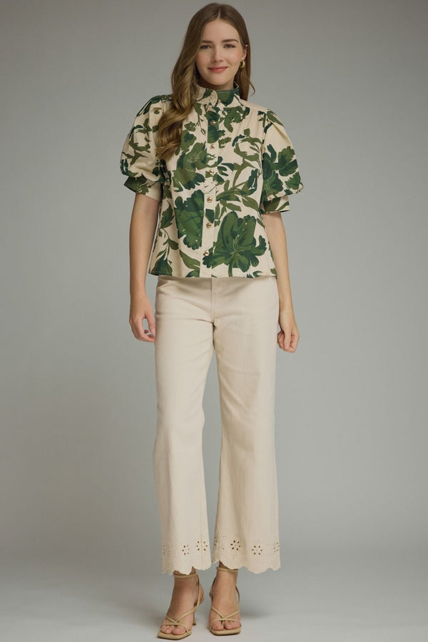 Printed Puff Sleeve Top- Olive