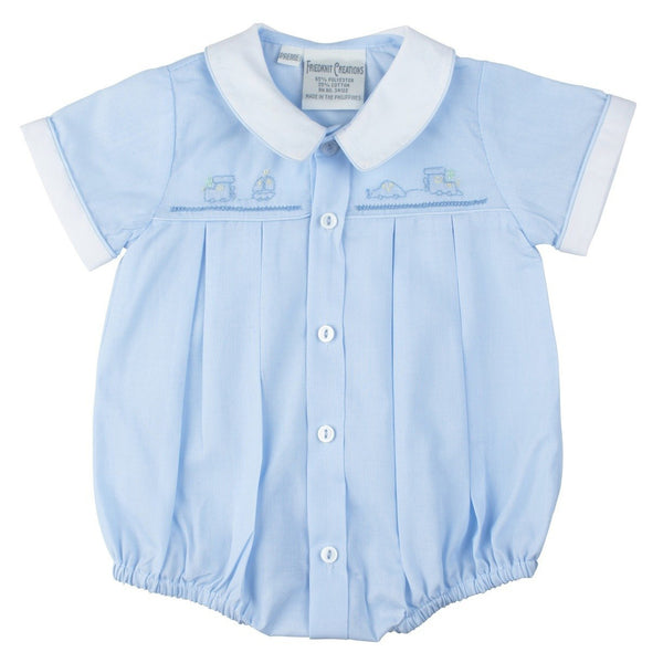 Embroidered Train Creeper- Blue/White