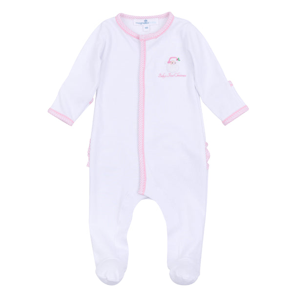 Santa Baby Emb Baby's First Christmas Ruffle Footie- Pink